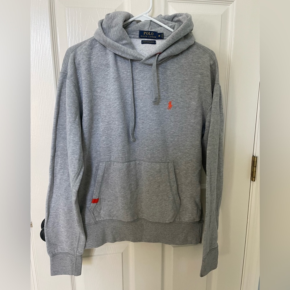 Mens Polo by Ralph Lauren gray hooded performance sweatshirt. Size Medium